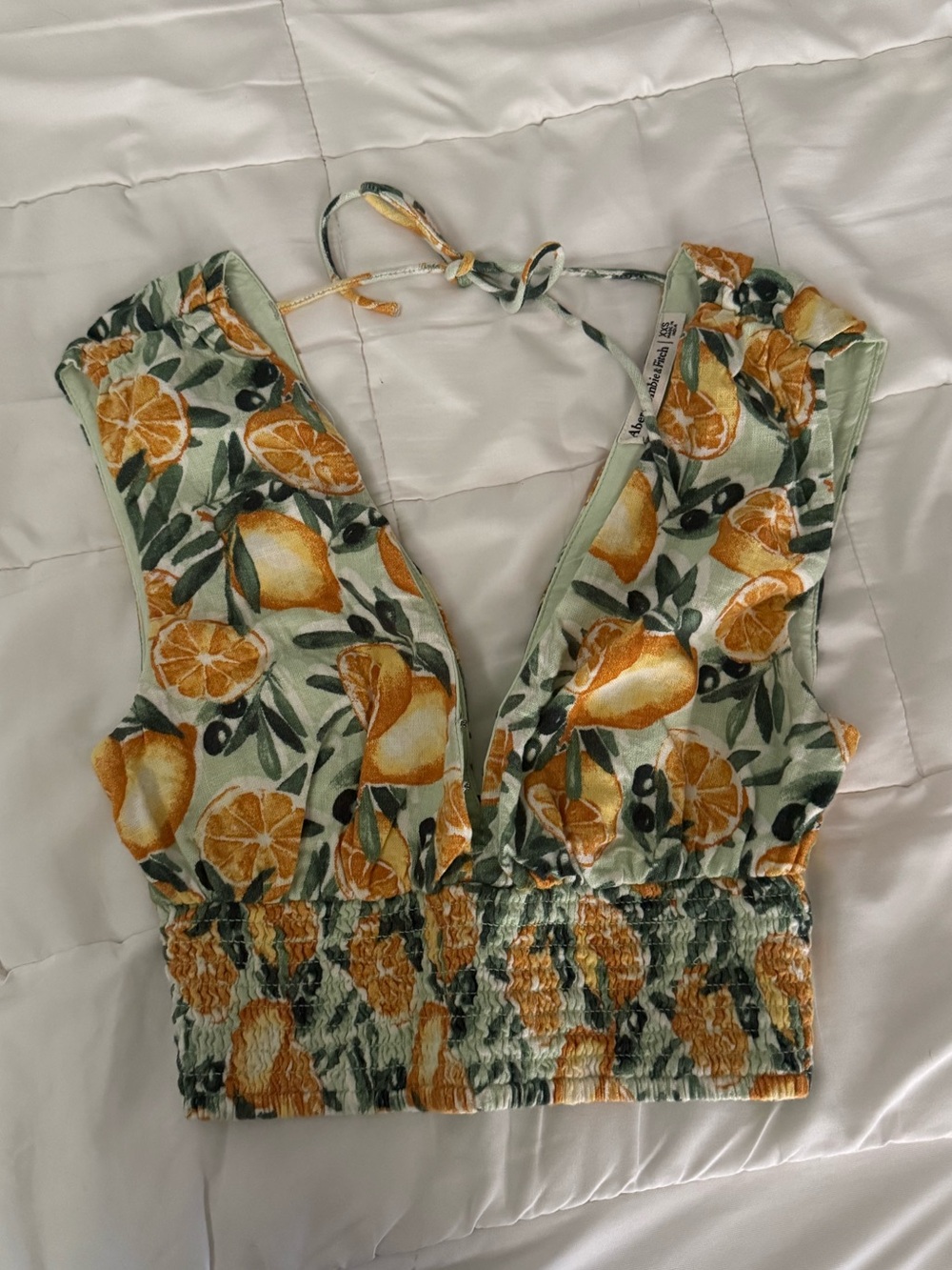 XXS Abercrombie & Fitch Lemon Print Smocked V-Neck Crop Top - Green & Yellow